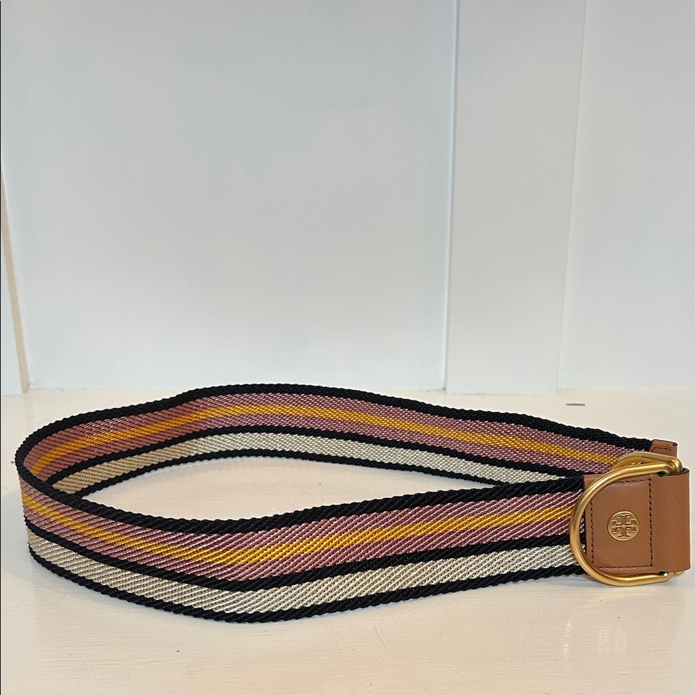 Tory Burch Striped Web Belt with Gold Ring Buckle
